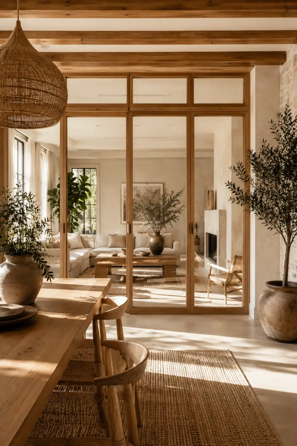 Beautiful wood and glass partition wall with oak frame separating a dining room and living room, exposed wood ceiling beams, woven pendant light, indoor plants, neutral furniture, Scandinavian inspired décor, and bright modern home interior.