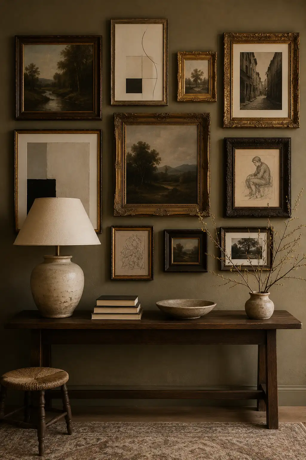 Moody vintage inspired gallery wall featuring ornate antique gold frames, dark carved wood frames, traditional landscape paintings, architectural photography, figure sketches, and modern abstract artwork arranged above a dark wood console with books and ceramic decor.