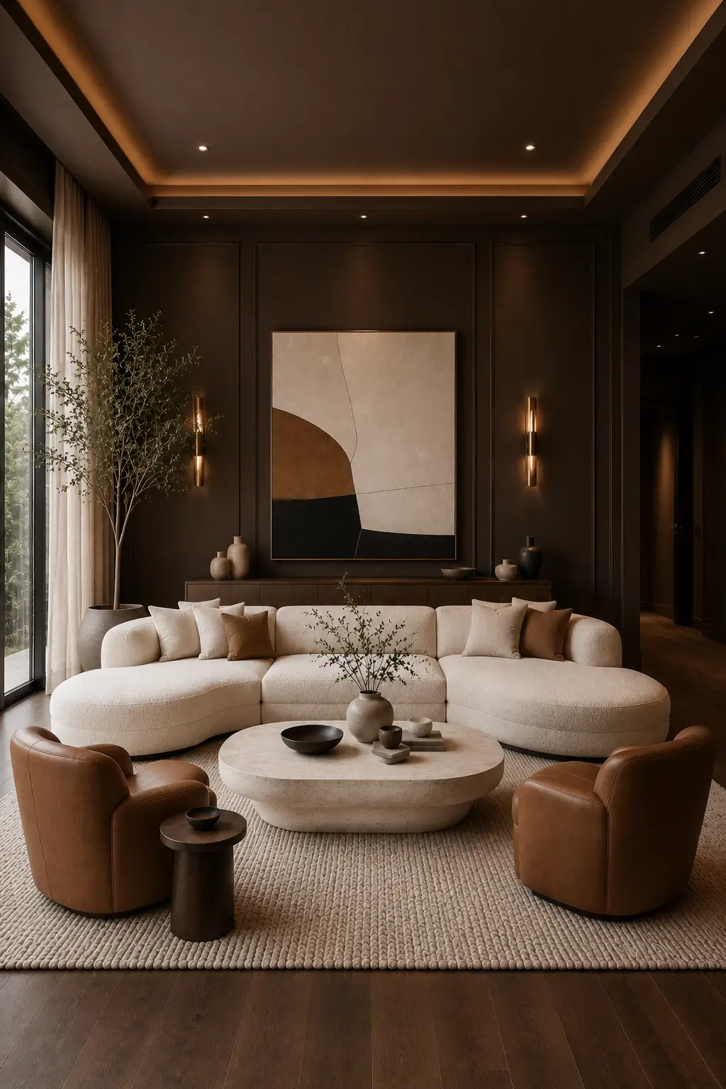 Warm luxury living room with deep chocolate brown painted walls, a large curved ivory sectional sofa, cognac leather accent chairs, an organic pale stone coffee table, chunky cream rug, abstract wall art, warm sconces, and soft architectural lighting.