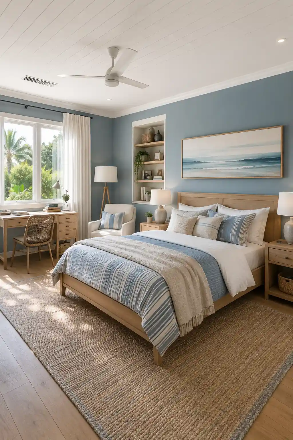 Coastal blue boys’ bedroom featuring soft blue walls, light oak bed and furniture, crisp white bedding, blue striped blankets, ocean inspired wall art, woven natural rug, window side study desk, built in shelves, reading chair, and bright natural daylight.
