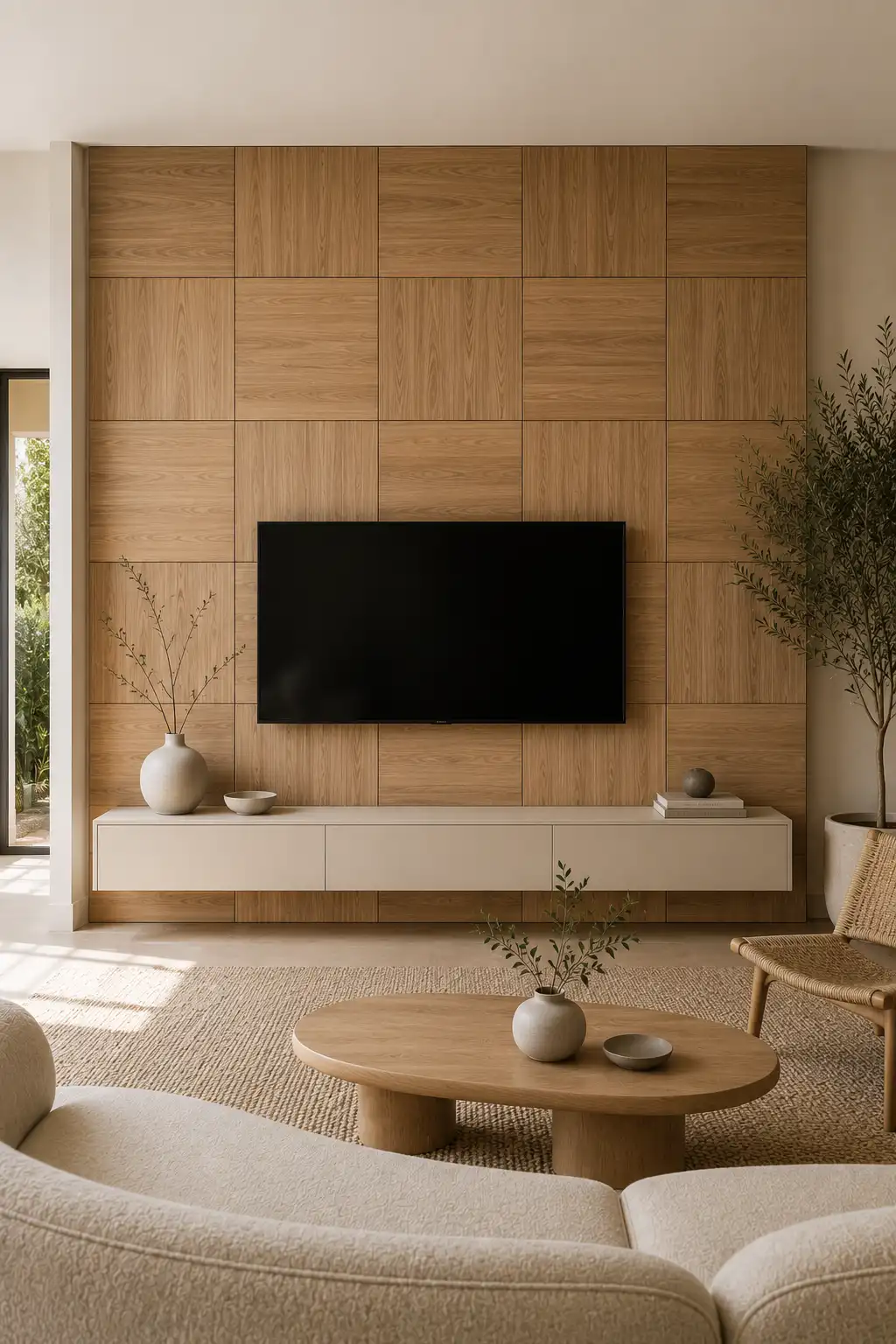 Modern checkerboard wood TV wall featuring large warm oak panels with alternating horizontal and vertical wood grain, a wall mounted television, cream floating media console, curved neutral sofa, woven rug, organic wood coffee table, and natural living room decor.