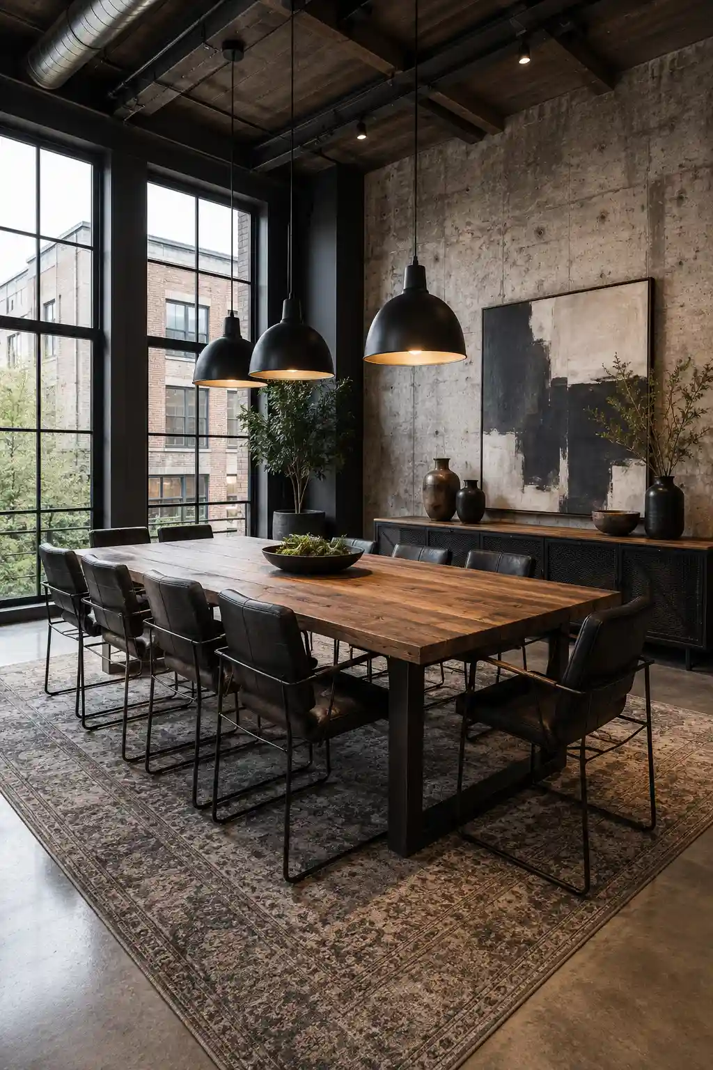 Industrial modern dining room featuring a large reclaimed wood dining table, black leather and metal dining chairs, raw concrete feature wall, exposed ceiling beams and ductwork, oversized black dome pendant lights, factory style windows, contemporary abstract artwork, and a faded vintage area rug.