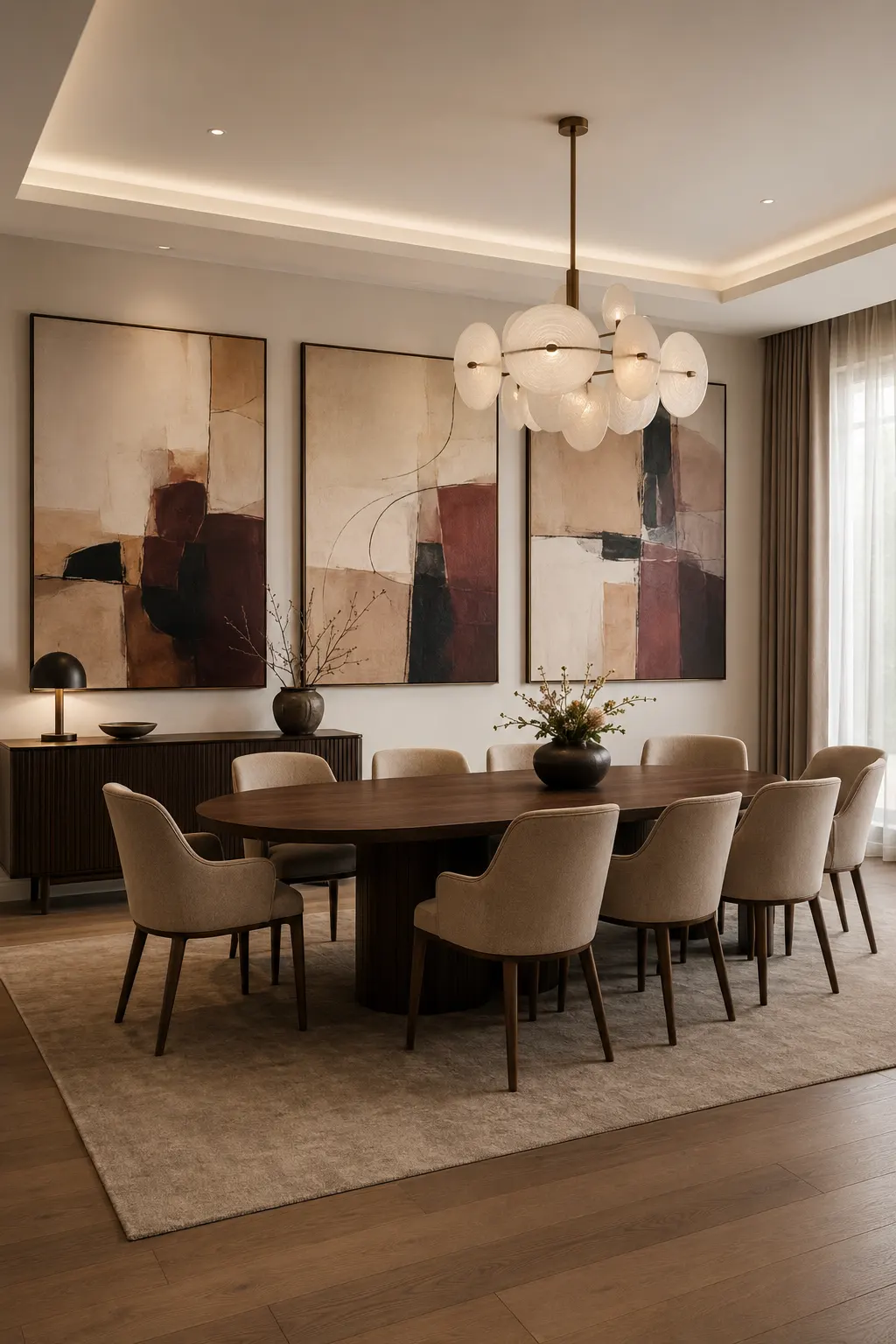 Stylish modern dining room featuring three oversized coordinated abstract artworks in warm neutral, burgundy, charcoal, and beige tones, slim dark frames, dark wood dining table, cream chairs, sculptural chandelier, and a contemporary sideboard.