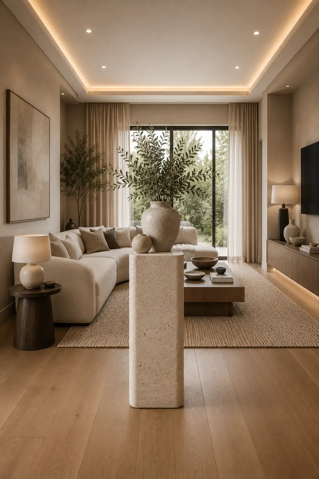 DIY faux travertine pedestal display stand with realistic stone texture, sculptural ceramic vase, olive branches, cream sofa, oak flooring, textured neutral rug, linen curtains, warm lighting, and elegant contemporary living room décor.