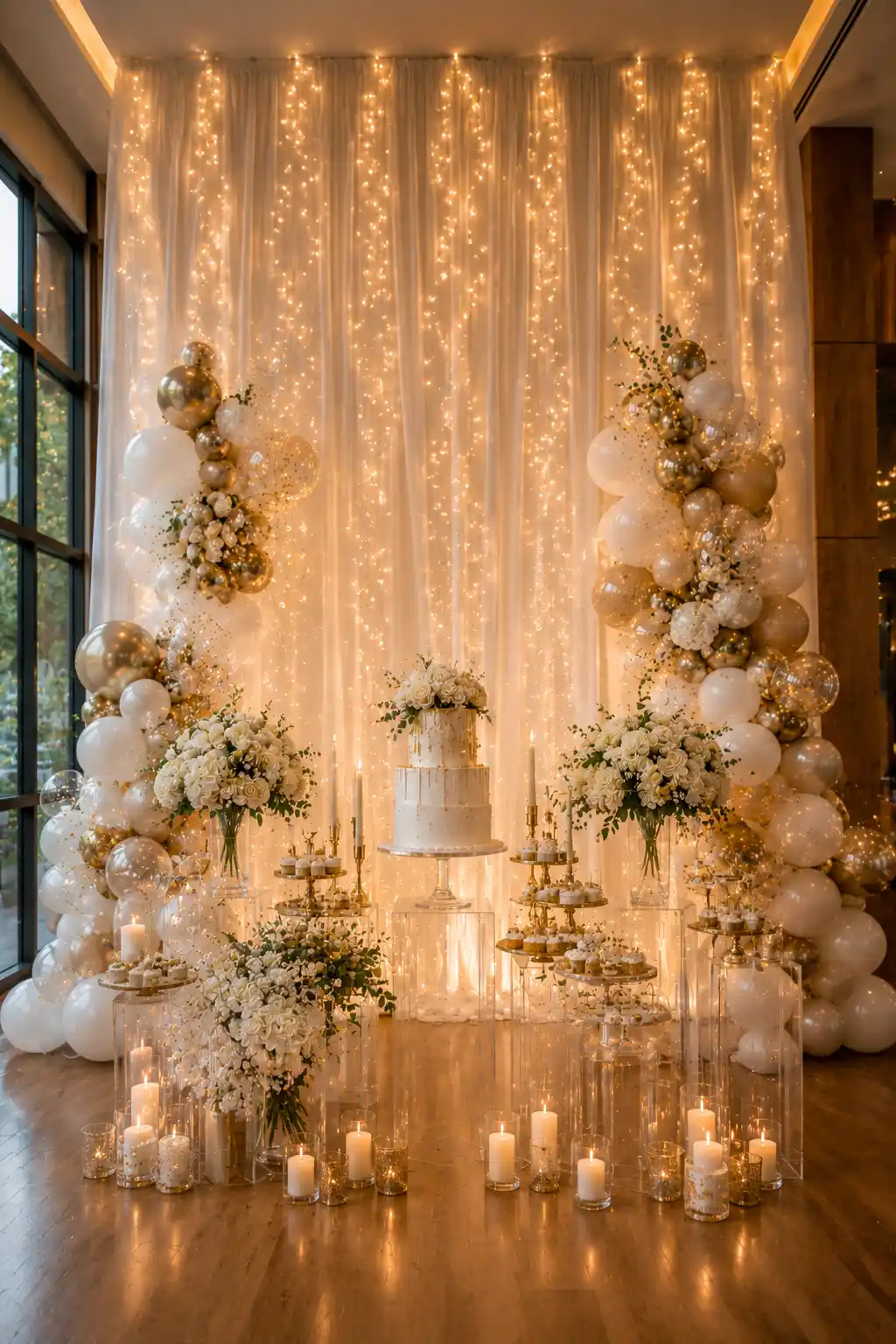 Fairy light curtain birthday backdrop featuring flowing white drapes, warm string lights, white and gold balloon garlands, luxury cake display, floral centerpieces, candles, acrylic stands, and elegant indoor birthday decoration ideas for modern celebrations.