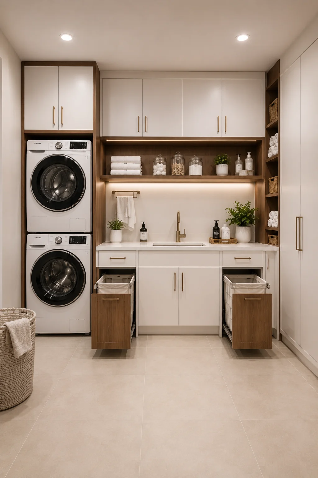 Modern white and walnut utility laundry room with stacked washer and dryer, full height cabinets, integrated sink, spacious countertop, open shelving, pull out laundry hampers, brass hardware, warm LED lighting, porcelain flooring, and organized storage for everyday functionality.