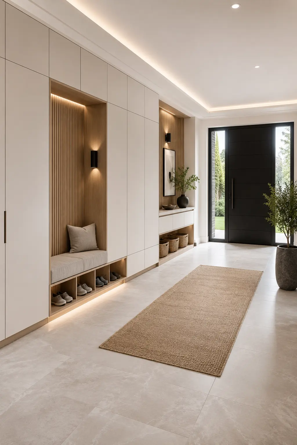 Seamless floor to ceiling storage entrance hall with custom built in cabinetry, recessed bench seating, concealed storage, vertical oak slat panels, floating console, integrated LED lighting, textured neutral walls, black front door, porcelain flooring, and a bright contemporary luxury entrance.