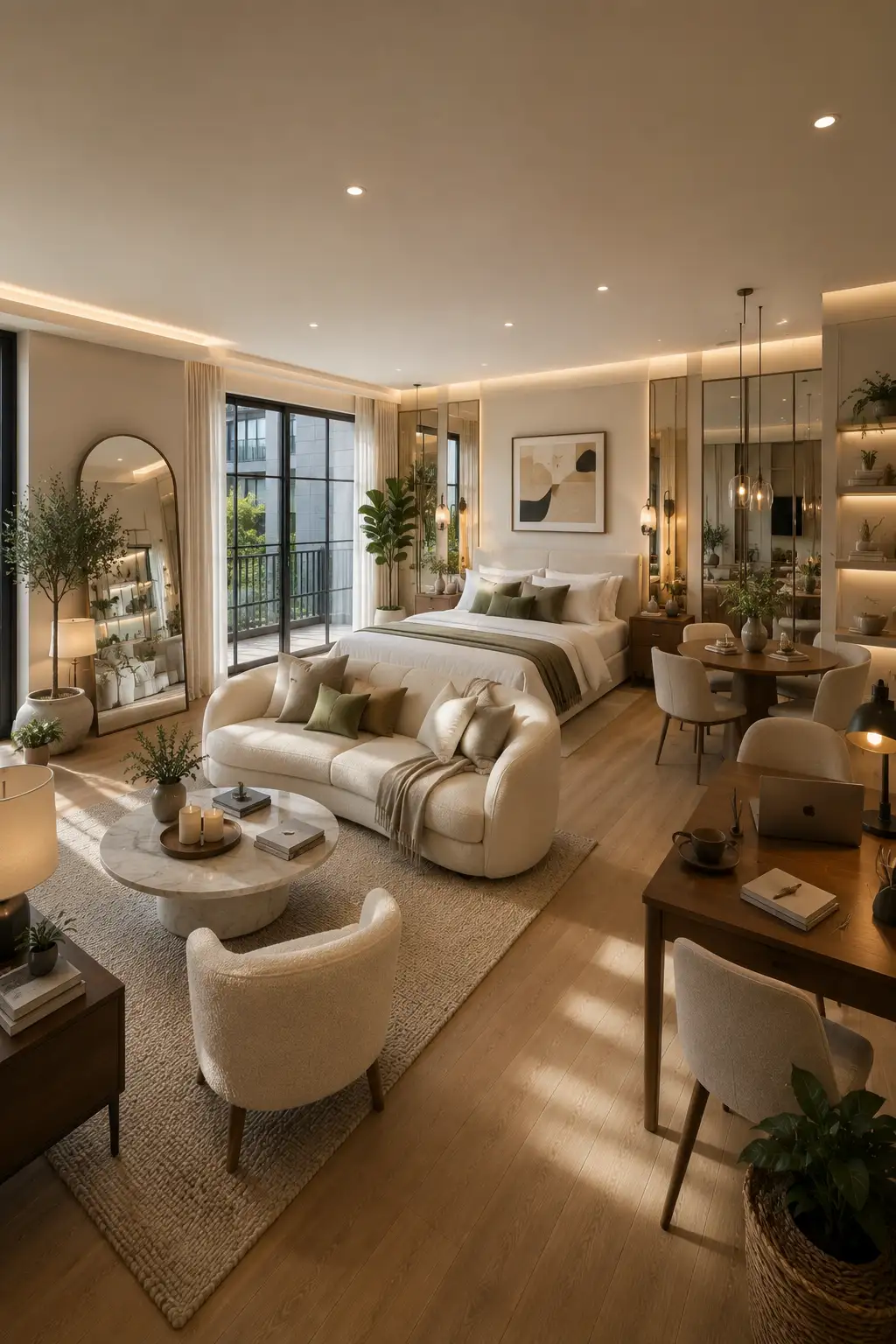 Modern studio apartment featuring oversized floor mirrors, layered lighting, curved cream sofa, marble coffee table, elegant bedroom, warm wood accents, pendant lights, recessed ceiling LEDs, large windows, neutral interior styling, and bright space enhancing decor that makes a small apartment feel larger.