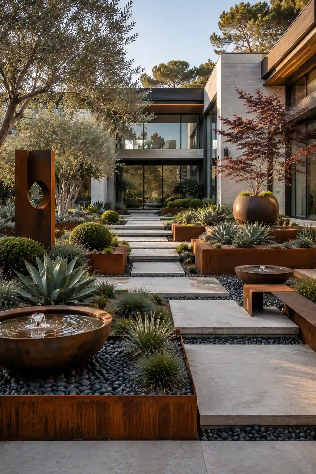 Modern corten steel garden featuring weathered steel planters, sculptural landscape edging, decorative water bowls, oversized concrete pavers, ornamental grasses, olive trees, luxury contemporary landscaping, architectural outdoor design, premium garden materials, elegant backyard inspiration, minimalist landscape architecture, and sophisticated modern garden decor ideas.