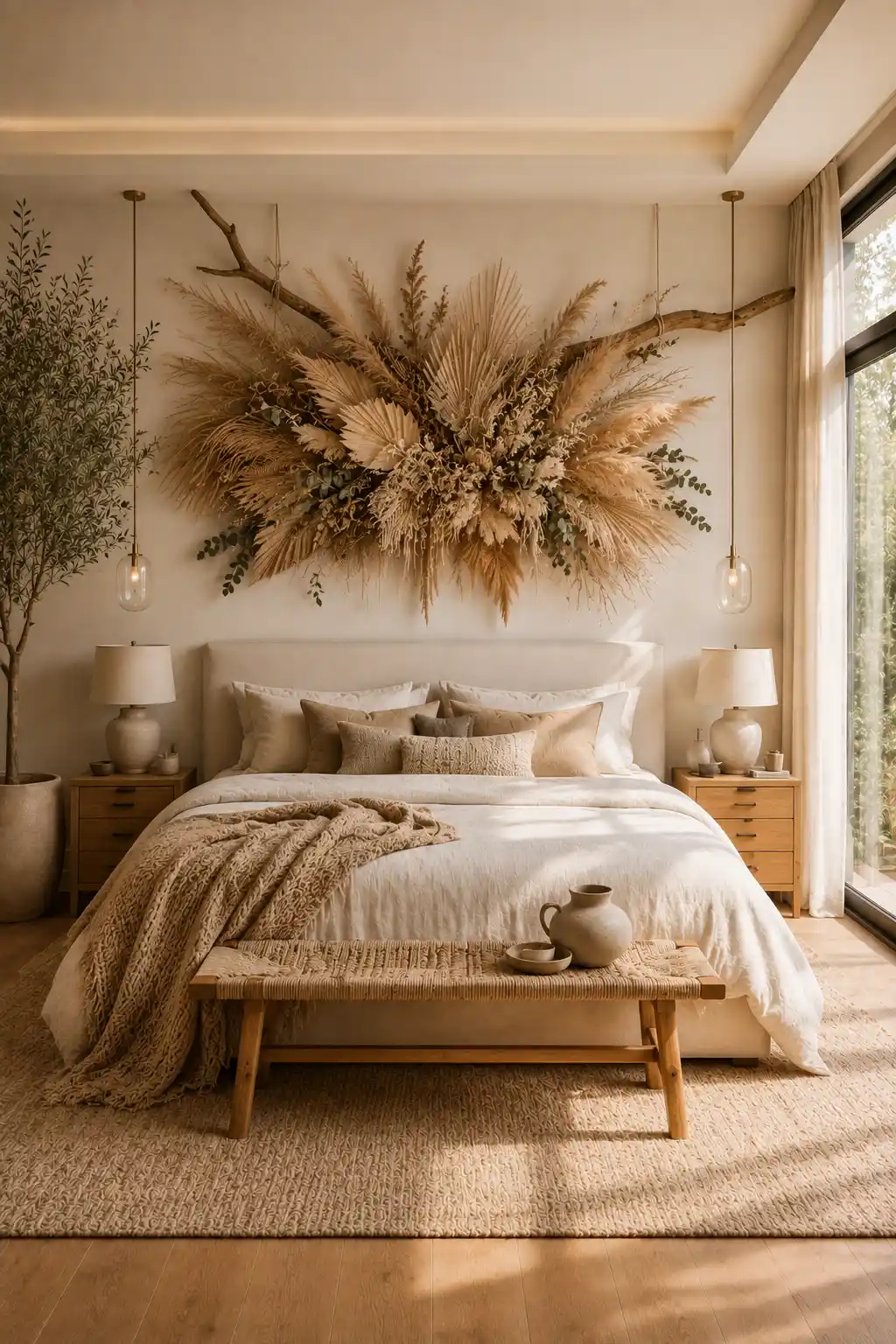 Oversized dried pampas grass wall hanging above a luxurious upholstered bed featuring preserved palm leaves, eucalyptus stems, driftwood branch, linen bedding, wooden bench, ceramic décor, woven rug, soft golden sunlight, organic bedroom styling, and elegant DIY botanical wall art ideas for blank walls.