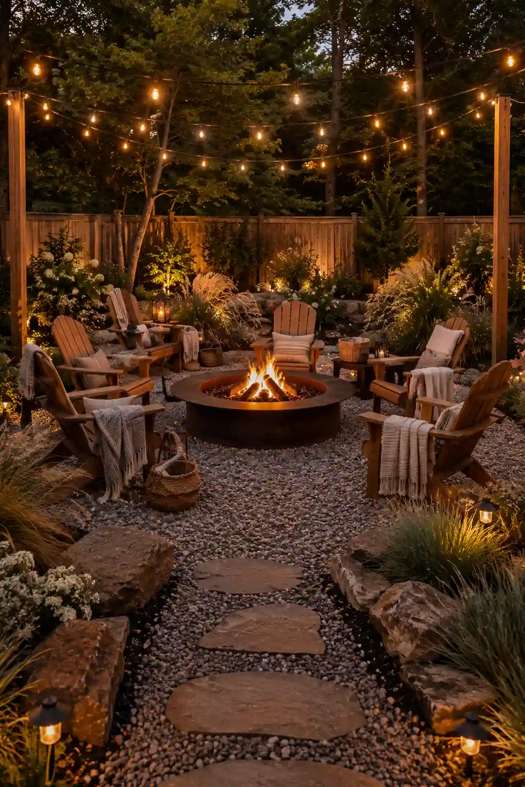 Round steel fire pit on a gravel patio surrounded by Adirondack chairs, warm café string lights, natural boulders, ornamental grasses, flowering shrubs, stone stepping path, cozy outdoor blankets, rustic backyard landscaping, and charming outdoor gathering area.