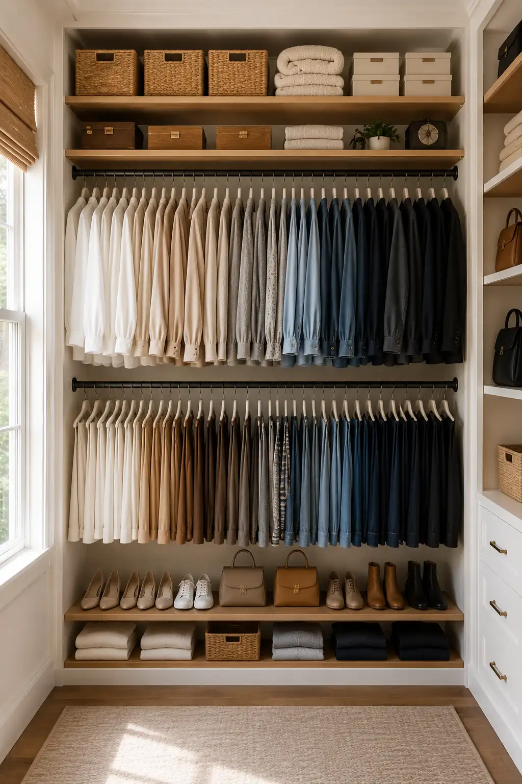 Small closet organization ideas featuring slim velvet hangers organizing shirts, sweaters, jackets, dresses, and pants in a luxury custom closet. Matching hangers create extra hanging space while keeping clothing neatly arranged inside a modern built in wardrobe with upper storage baskets and shoe shelves.