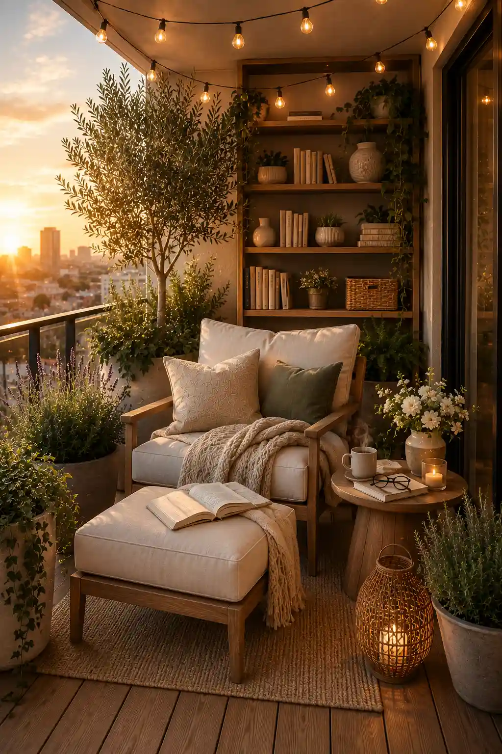 Peaceful small apartment balcony reading nook featuring an oversized lounge chair, matching ottoman, cozy knitted blanket, wooden side table, books, coffee mug, woven lanterns, warm string lights, olive trees, lavender, and natural wood flooring for a relaxing outdoor escape.