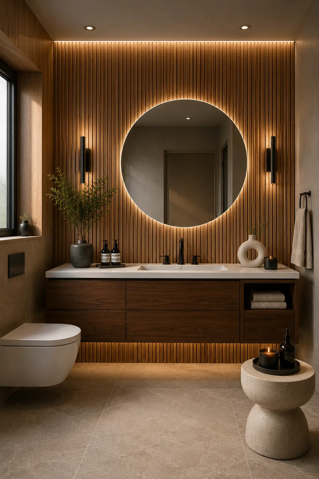 Modern guest bathroom featuring a full height vertical wood slat accent wall, floating walnut vanity, oversized round backlit LED mirror, matte black wall sconces, white quartz countertop, matte black faucet, warm concealed lighting, porcelain floor tiles, decorative candles, ceramic vases, premium bath accessories, and luxurious contemporary bathroom décor.