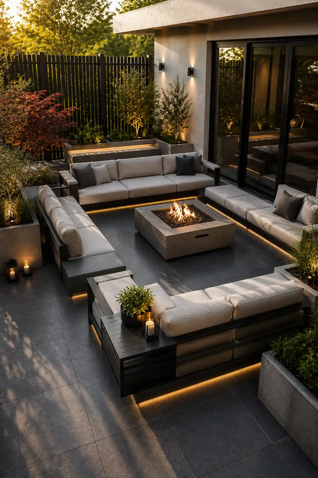 Luxury modular outdoor sectional seating with slim black aluminum frames, premium light gray cushions, concrete fire table, architectural planters, integrated LED lighting, charcoal porcelain pavers, and flexible outdoor furniture ideas for modern small patio designs.