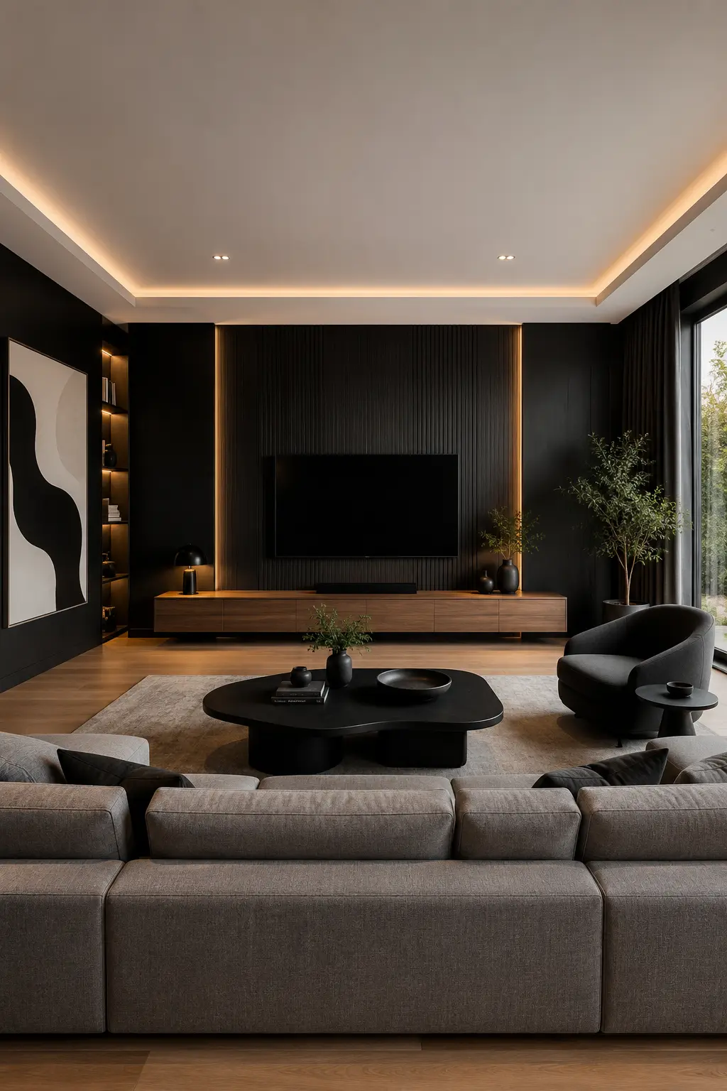 Minimalist grey couch living room featuring a modern grey sectional sofa, matte black fluted TV wall, floating walnut media console, sculptural black coffee table, warm recessed LED lighting, abstract artwork, floor to ceiling windows, wood flooring, contemporary décor, indoor greenery, and a stylish luxury entertainment space.