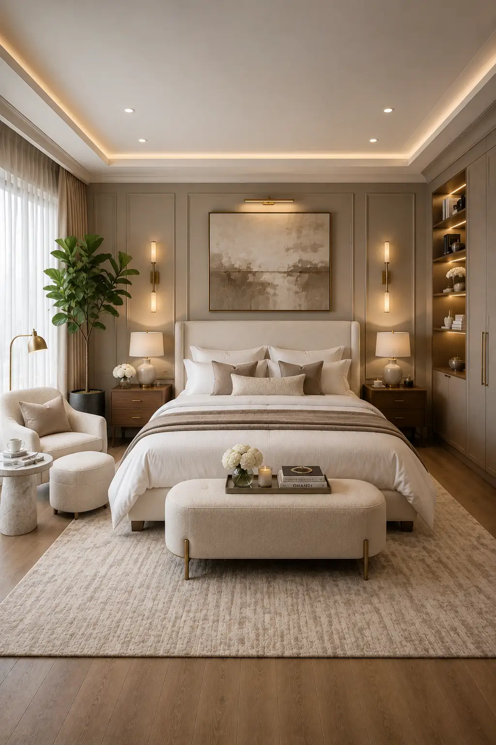 Classic wall panel guest bedroom featuring a tall cream upholstered bed with layered neutral bedding, decorative wall molding panels, brass wall sconces, walnut nightstands, ceramic table lamps, upholstered bench, cozy reading chair with ottoman, illuminated built in shelving, oversized neutral artwork, plush textured rug, warm wood flooring, and timeless luxury guest bedroom design.