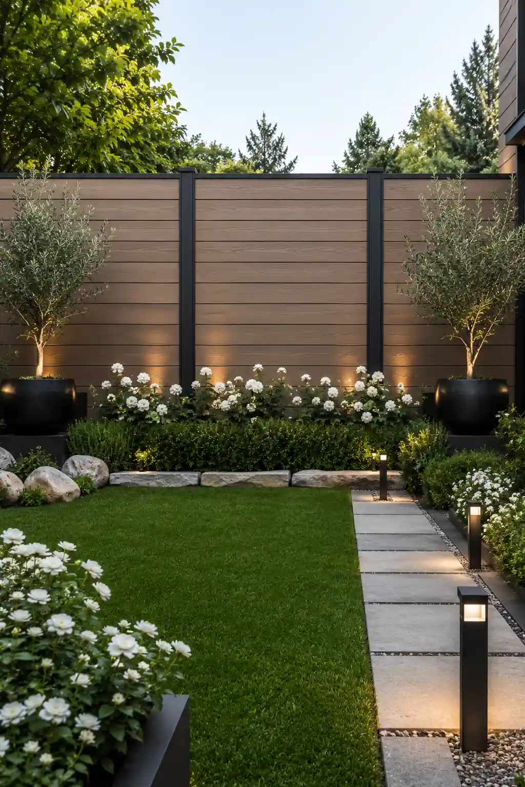 Premium composite wood privacy fence with realistic timber finish, matte black framing, olive trees in black planters, white flowering shrubs, manicured lawn, modern concrete pathway, decorative landscape lighting, contemporary backyard landscaping, durable modern fencing ideas, elegant outdoor privacy inspiration.