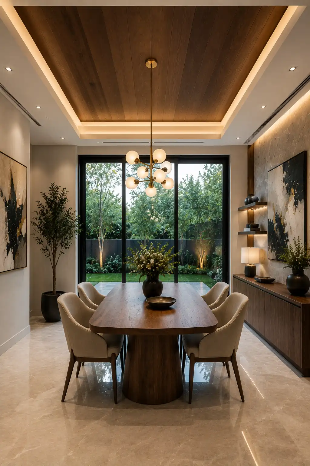 Luxury small dining room with a wood paneled tray ceiling, recessed LED lighting, contemporary globe chandelier, walnut dining table, upholstered chairs, modern sideboard, floating shelves, abstract wall art, large windows, and elegant architectural ceiling details.