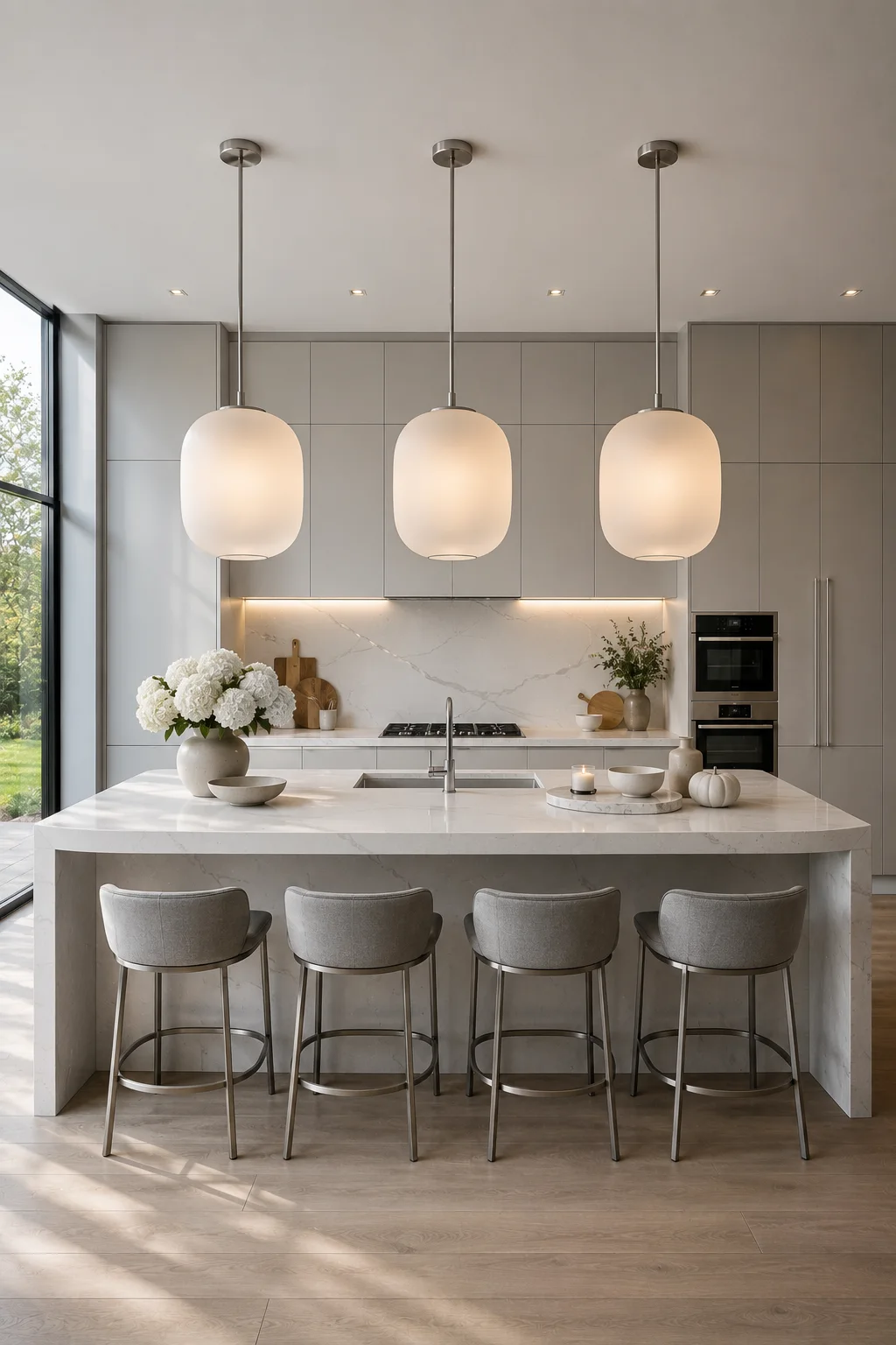 Elegant soft gray kitchen featuring oversized frosted glass pendant lights above a white waterfall kitchen island, light gray cabinets, marble backsplash, brushed nickel hardware, upholstered gray bar stools, fresh white flowers, warm under cabinet lighting, luxury kitchen island lighting ideas, sculptural frosted pendant lights, modern gray kitchen inspiration