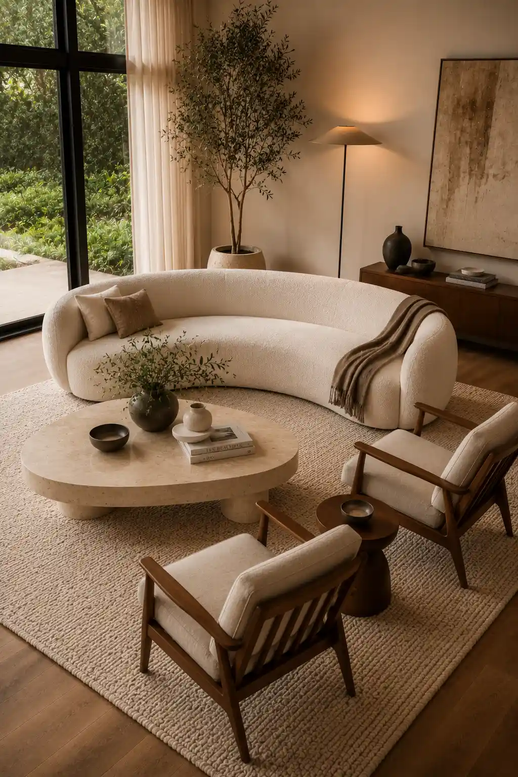 Beautiful mid century modern living room with a curved cream sofa, walnut lounge chairs, large round travertine coffee table, textured wool rug, indoor olive tree, neutral earthy decor, floor to ceiling windows, warm wood flooring, cozy designer furniture layout, timeless luxury home interior.