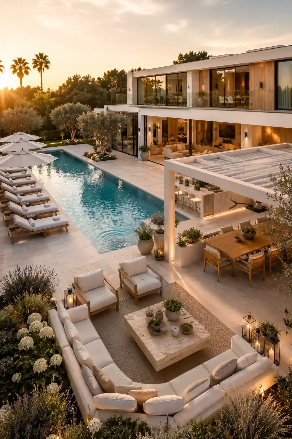 Luxury outdoor kitchen beside a modern swimming pool, covered pergola dining area, large wooden dining table, outdoor kitchen island with bar seating, cream limestone pool deck, premium chaise lounge chairs, elegant contemporary home, olive trees, landscaped backyard, resort style entertaining area, luxury outdoor dining inspiration for modern homes.