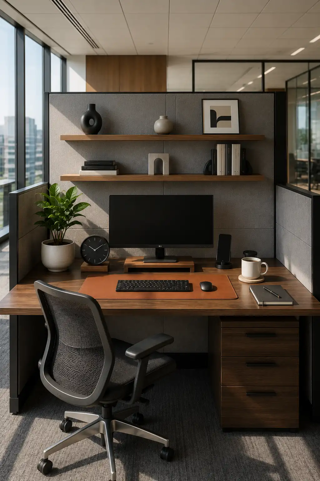 Modern cubicle decor ideas featuring a large leather desk mat, minimalist office accessories, wooden office desk, floating shelves, indoor plant, stylish desk clock, neutral workspace decor, ergonomic office chair, premium office setup, and luxury workspace inspiration.