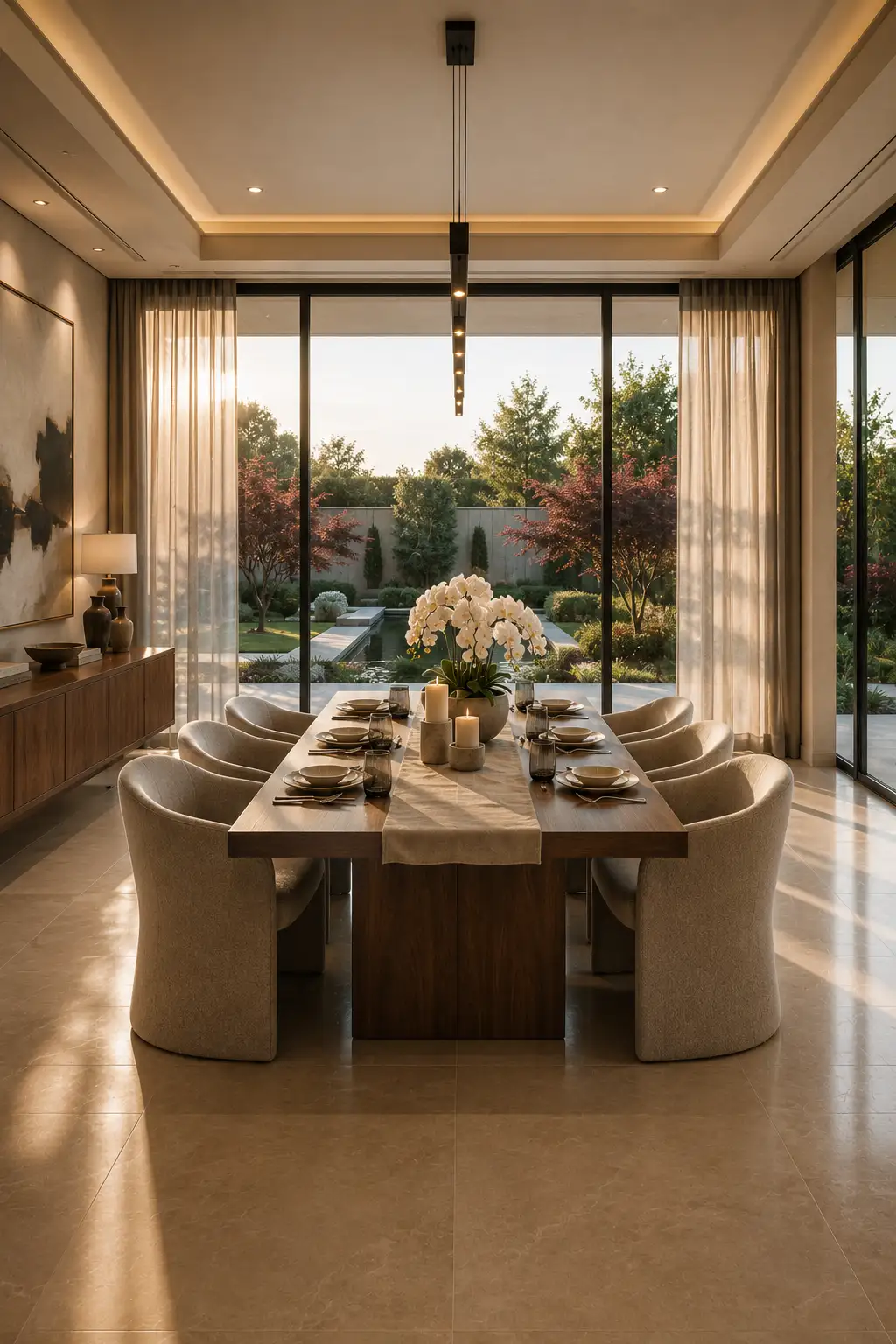 Sophisticated modern dining room decorated in warm neutral tones with a walnut dining table, upholstered cream chairs, linen curtains, oversized porcelain flooring, contemporary pendant lighting, black framed windows, elegant table styling, and timeless luxury home décor inspiration.