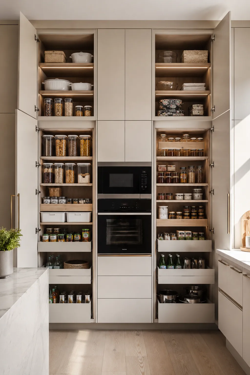 Luxury floor to ceiling kitchen cabinets with custom pantry storage, full height cabinetry, organized pantry shelves, glass food containers, built in microwave and oven tower, integrated LED cabinet lighting, premium white kitchen cabinets, custom kitchen storage wall, space saving kitchen cabinet ideas, luxury small kitchen inspiration.