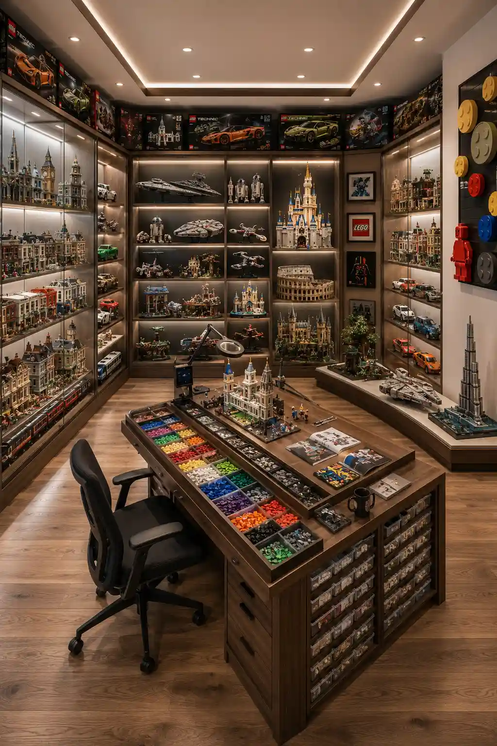 Luxury LEGO hobby room featuring illuminated glass display cabinets, custom LEGO city displays, large central building table, organized storage drawers, premium collectible shelving, modern LED lighting, light wood cabinetry, comfortable seating, clean contemporary interior, organized brick collection, impressive LEGO display room, hobby room ideas for collectors, modern LEGO room inspiration, luxury collection display design.
