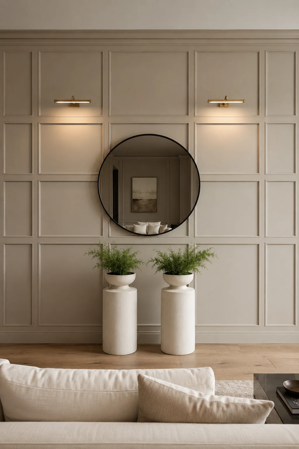 Modern living room featuring full grid wall molding, symmetrical square wall panels, oversized round mirror, brass picture lights, decorative pedestal planters, neutral architectural walls, and elegant custom millwork inspiration.