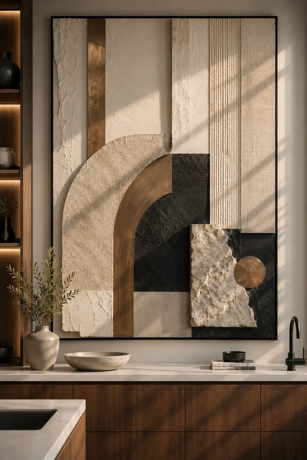 Large mixed media abstract wall art featuring textured plaster, stone details, metallic accents, and geometric shapes above a contemporary kitchen with walnut cabinets and modern neutral decor.