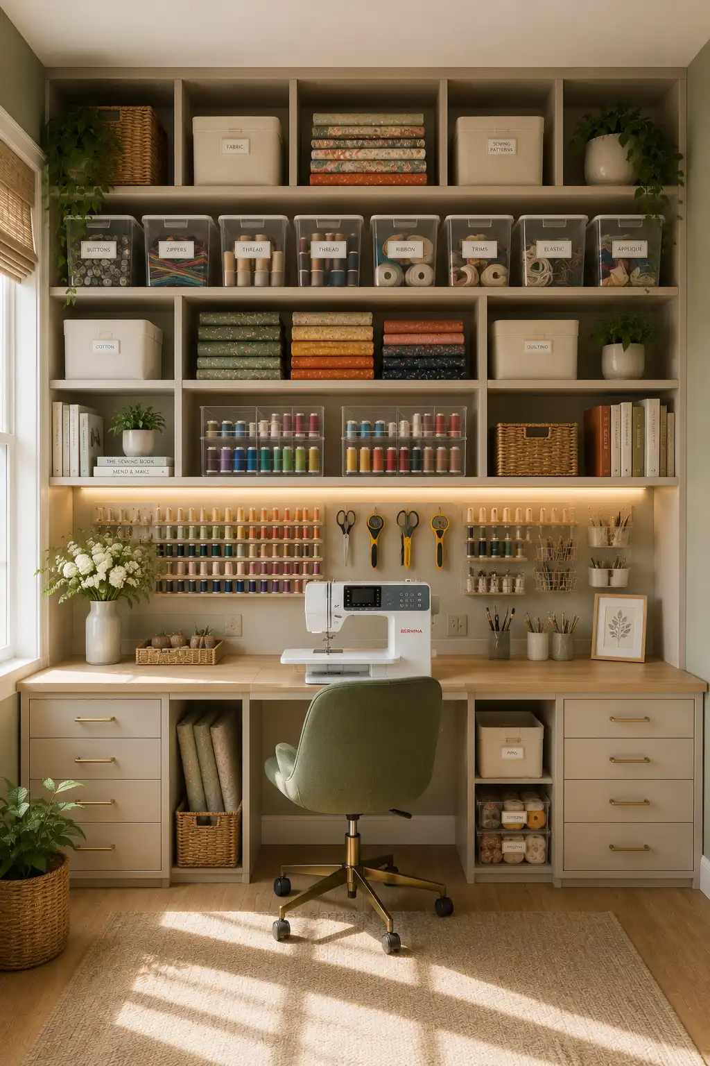 Organized small sewing room with labeled storage bins, clear containers, floor to ceiling shelving, folded fabric organization, custom sewing workstation, thread racks, decorative baskets, and clever small sewing room storage ideas for a clutter free workspace.