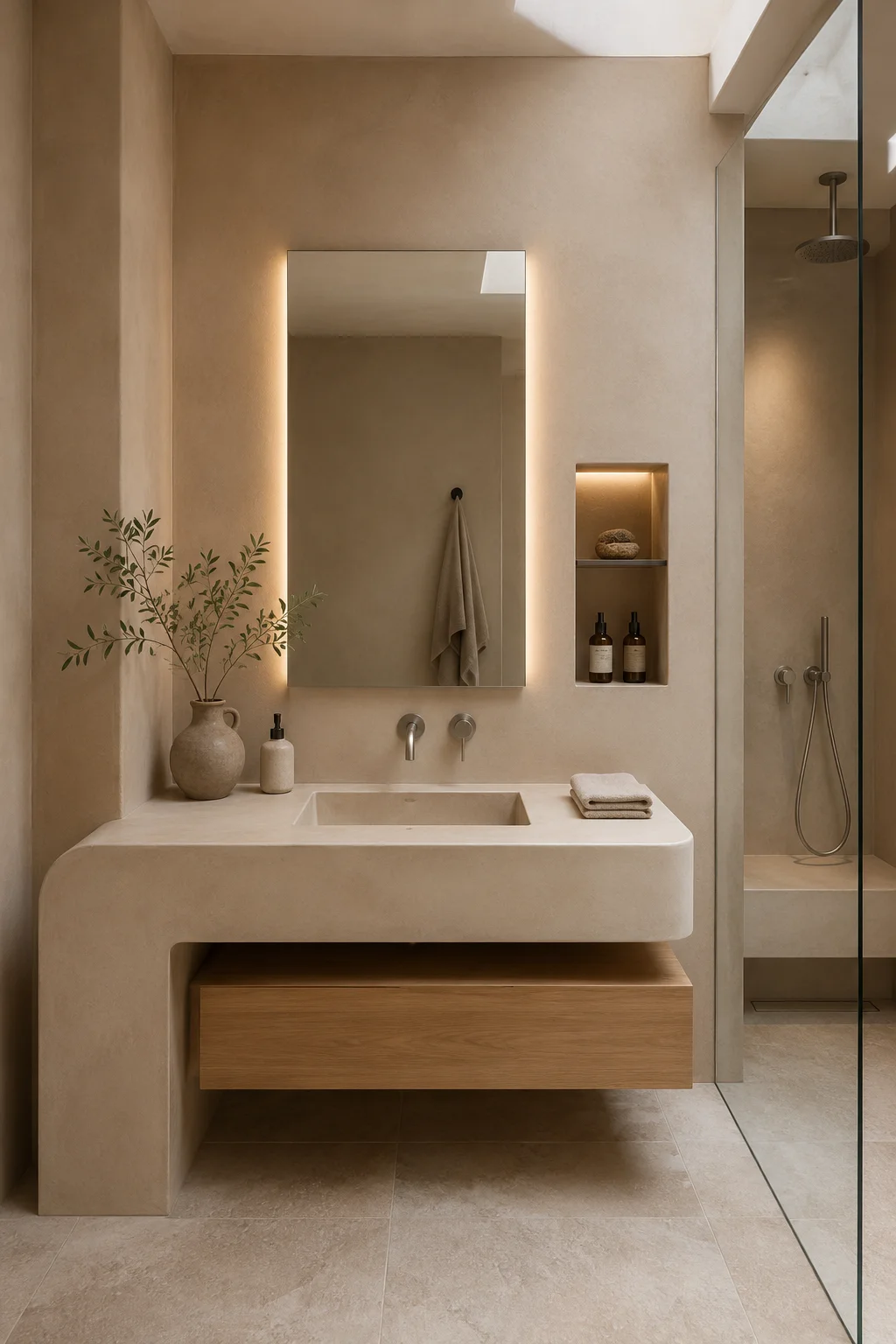 Sculptural microcement bathroom vanity with a seamless integrated sink, softly rounded stone edges, floating light wood storage drawer, tall backlit mirror, recessed illuminated niche, glass shower, and warm spa inspired bathroom design.