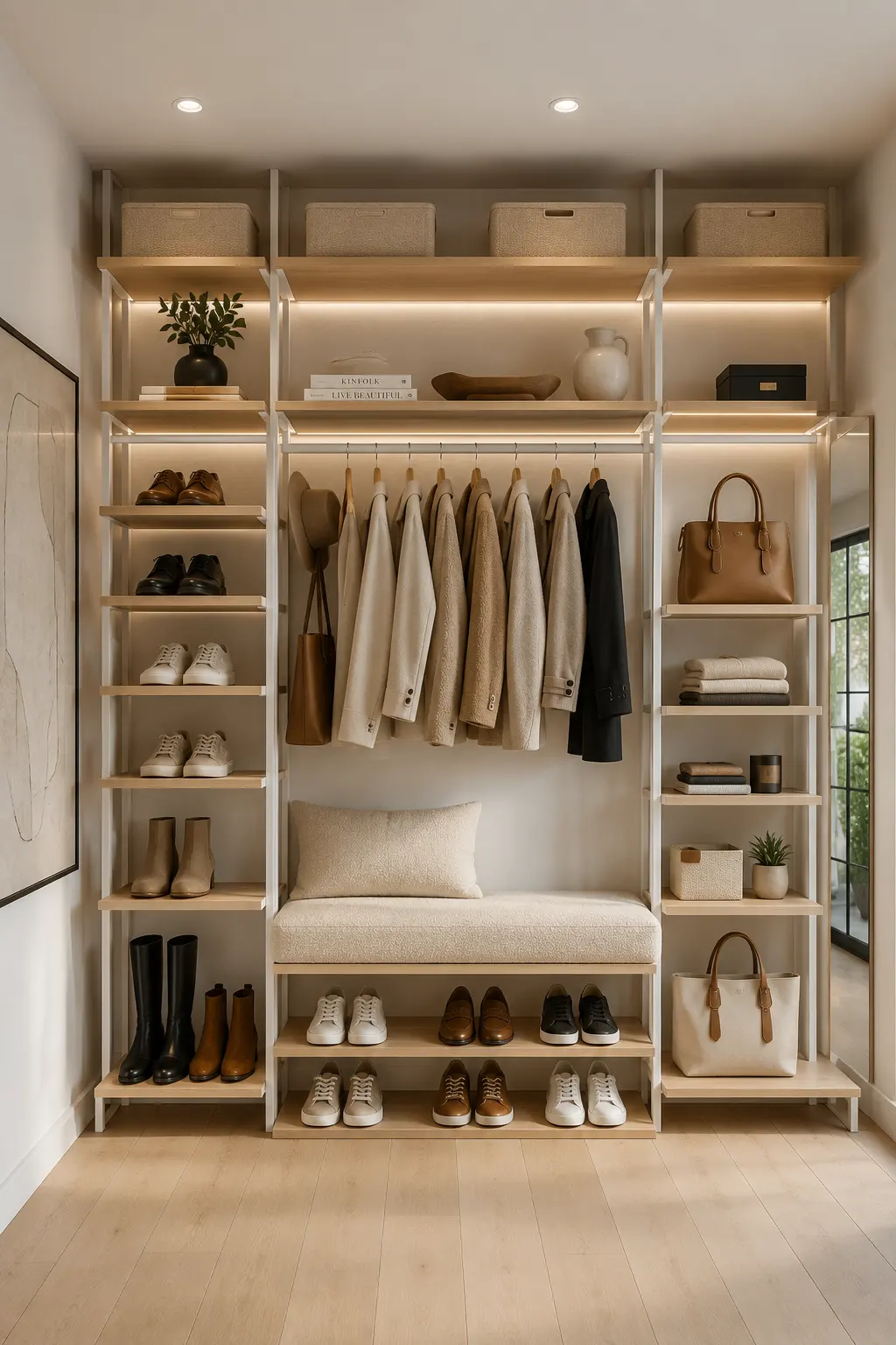 Open IKEA mudroom closet with adjustable shelving, hanging clothes storage, shoe organization, bench seating, woven baskets, decorative shelving, and smart open concept entryway storage designed for everyday convenience.