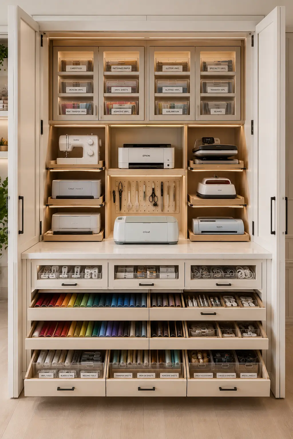 Custom built in craft storage cabinet with hidden Cricut machines, sewing machine, printer, heat press, pull out shelves, vinyl storage, labeled bins, paper organizers, LED lighting, and luxury craft room organization ideas that hide equipment while maximizing storage and maintaining a clean workspace.
