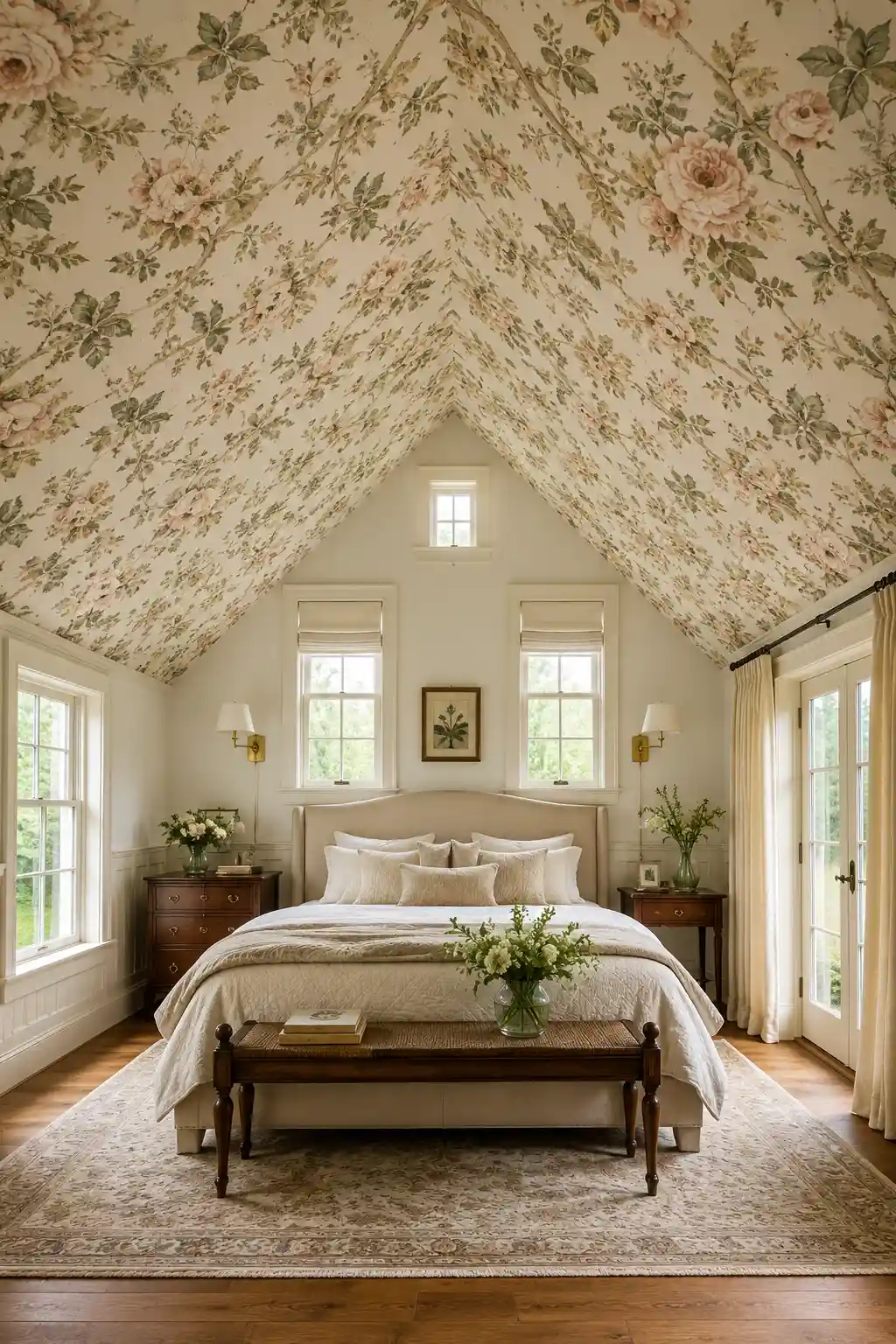 Elegant bedroom with a slanted ceiling completely covered in vintage floral wallpaper, soft botanical ceiling design, warm white walls, classic wood furniture, luxurious neutral bedding, traditional bedside tables, cottage style bedroom inspiration, romantic attic bedroom, decorative sloped ceiling wallpaper ideas with natural daylight and timeless charm.