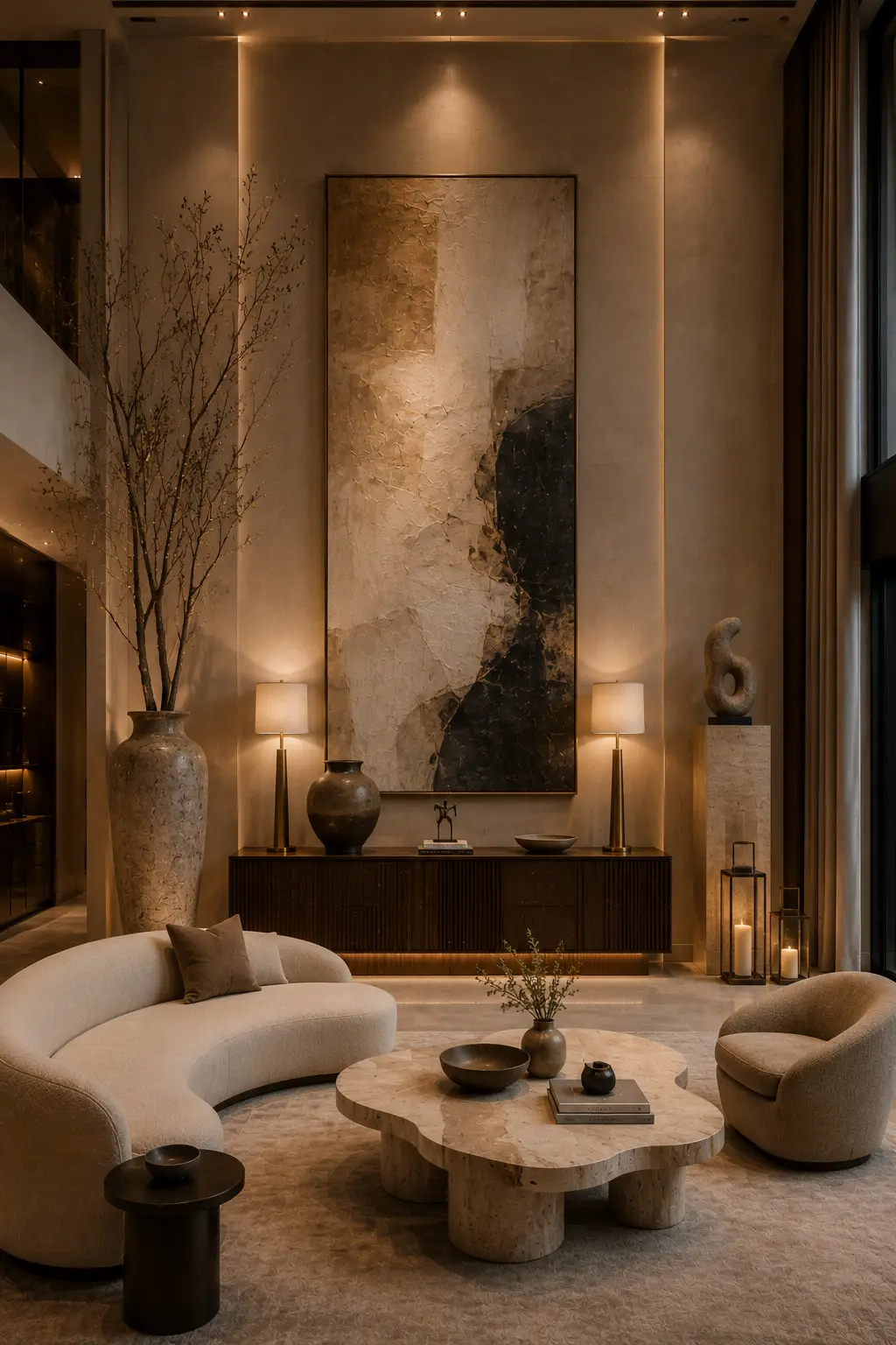 Warm luxury high ceiling living room with a layered vertical decor display featuring oversized textured abstract artwork, tall natural branches in a large floor vase, dark wood console, sculptural lamps, ceramic vessels, stone pedestal art, curved cream sofa, and travertine coffee table.