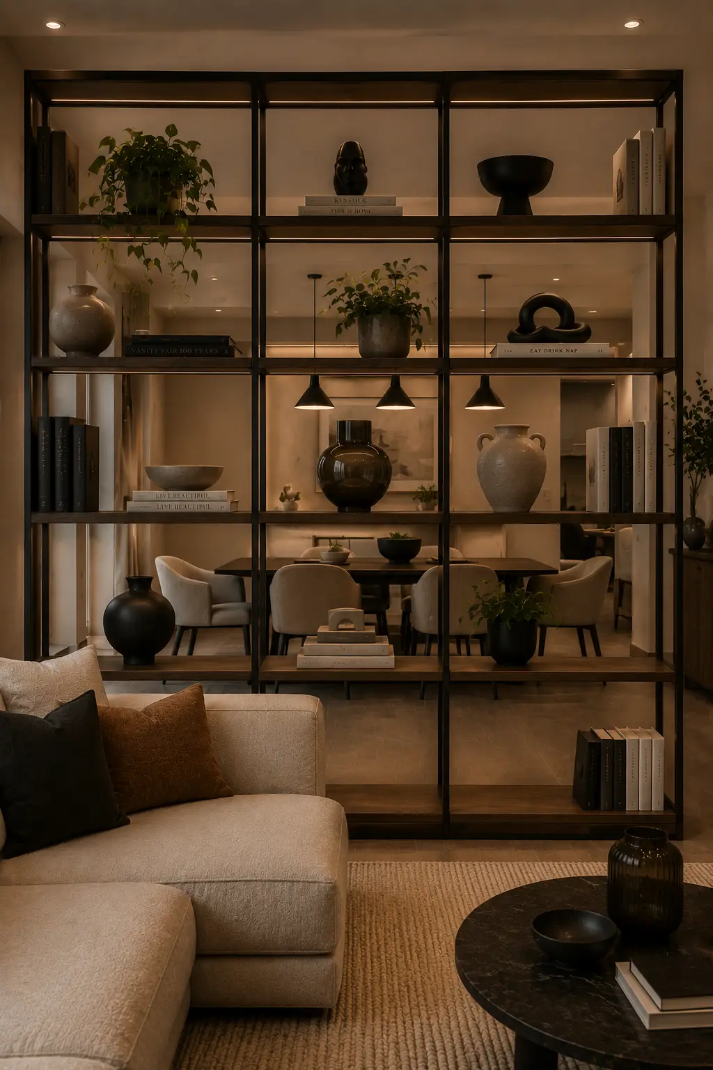Modern open bookshelf room divider with slim black metal framing and warm wood shelves, styled with books, ceramic vases, sculptural objects, and trailing greenery while separating a cozy neutral living room from an elegant dining space.