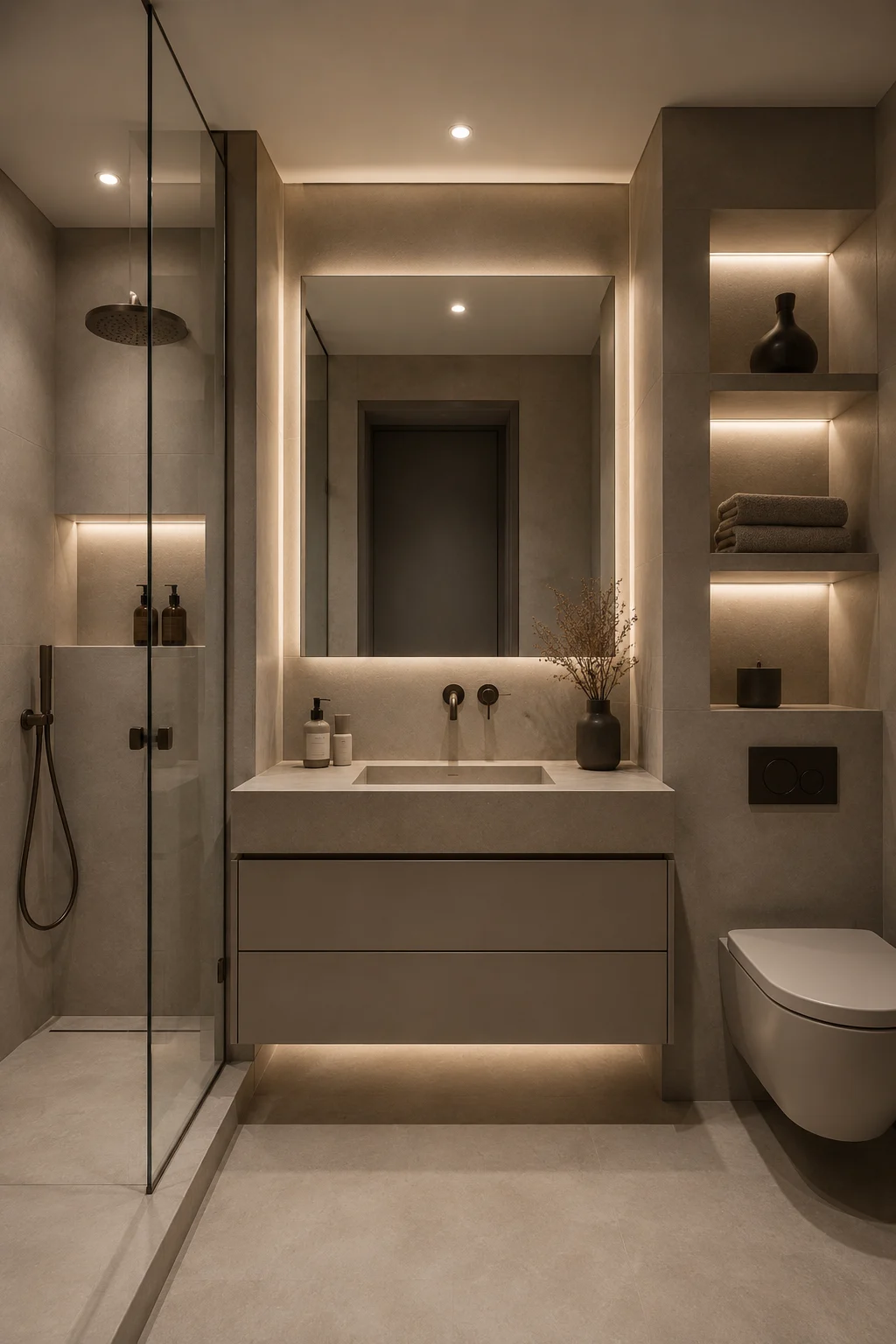Contemporary small bathroom featuring an oversized rectangular LED backlit mirror, floating greige vanity with integrated sink, warm stone walls, frameless glass shower enclosure, illuminated vertical display shelves, wall hung toilet, dark fixtures, and layered ambient lighting.