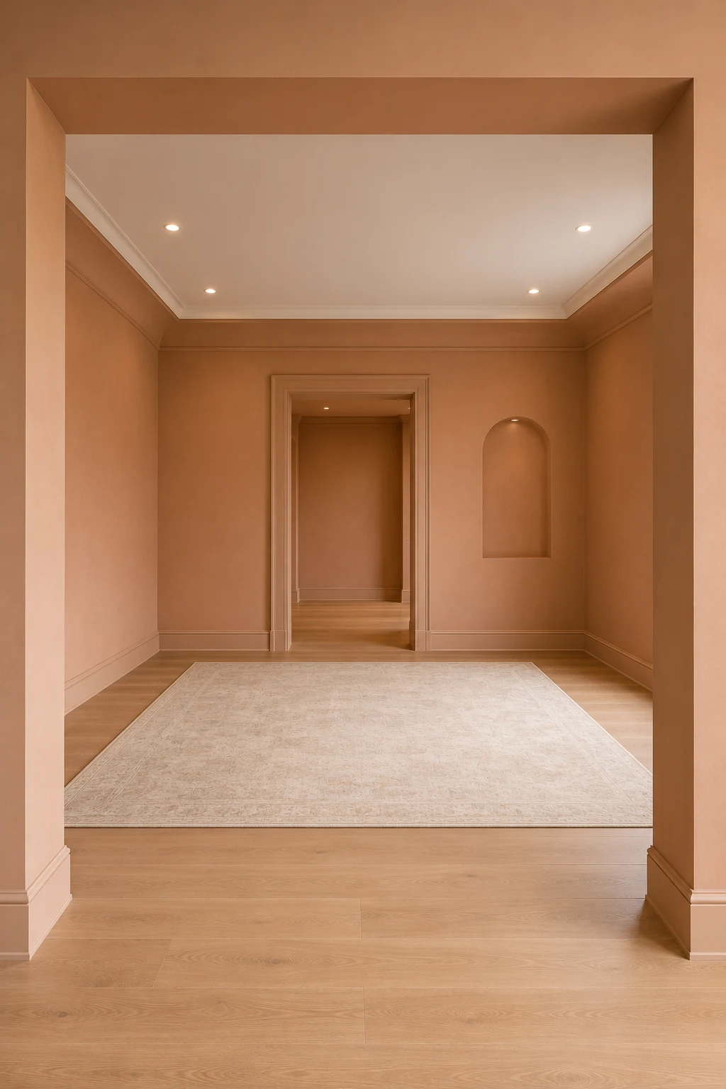 Empty modern living room painted in soft dusty apricot with muted peach and clay undertones, simple architectural openings, a recessed arched wall niche, pale natural wood flooring, and a large cream patterned rug.