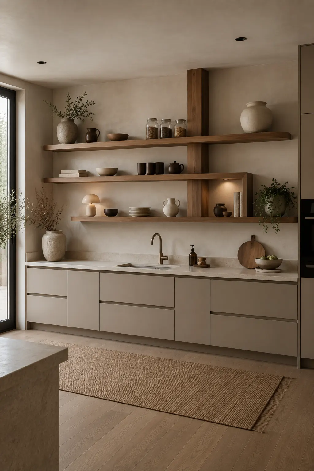 Warm minimalist kitchen featuring asymmetrical wood open shelving with long staggered shelves, vertical wood dividers, integrated display sections, ceramic pottery, glass storage jars, stacked dishes, books, small accent lighting, neutral cabinetry, and a woven floor rug.
