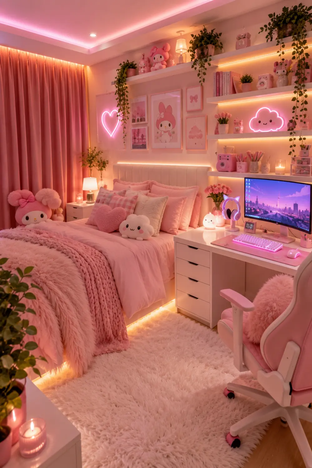 Pink kawaii dorm room with cute plush toys, pastel bedding, fluffy pillows, pink gaming setup, glowing heart neon light, floating shelves, LED lighting, aesthetic desk, cozy rug, and adorable college dorm room inspiration.