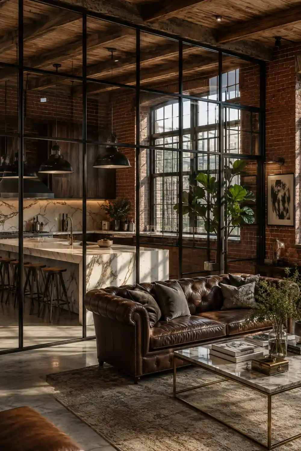 Industrial Crittall style black steel glass partition separating a modern kitchen and living room with exposed brick walls, leather sofa, marble kitchen island, wood ceiling beams, factory windows, luxury loft design, and contemporary home décor.