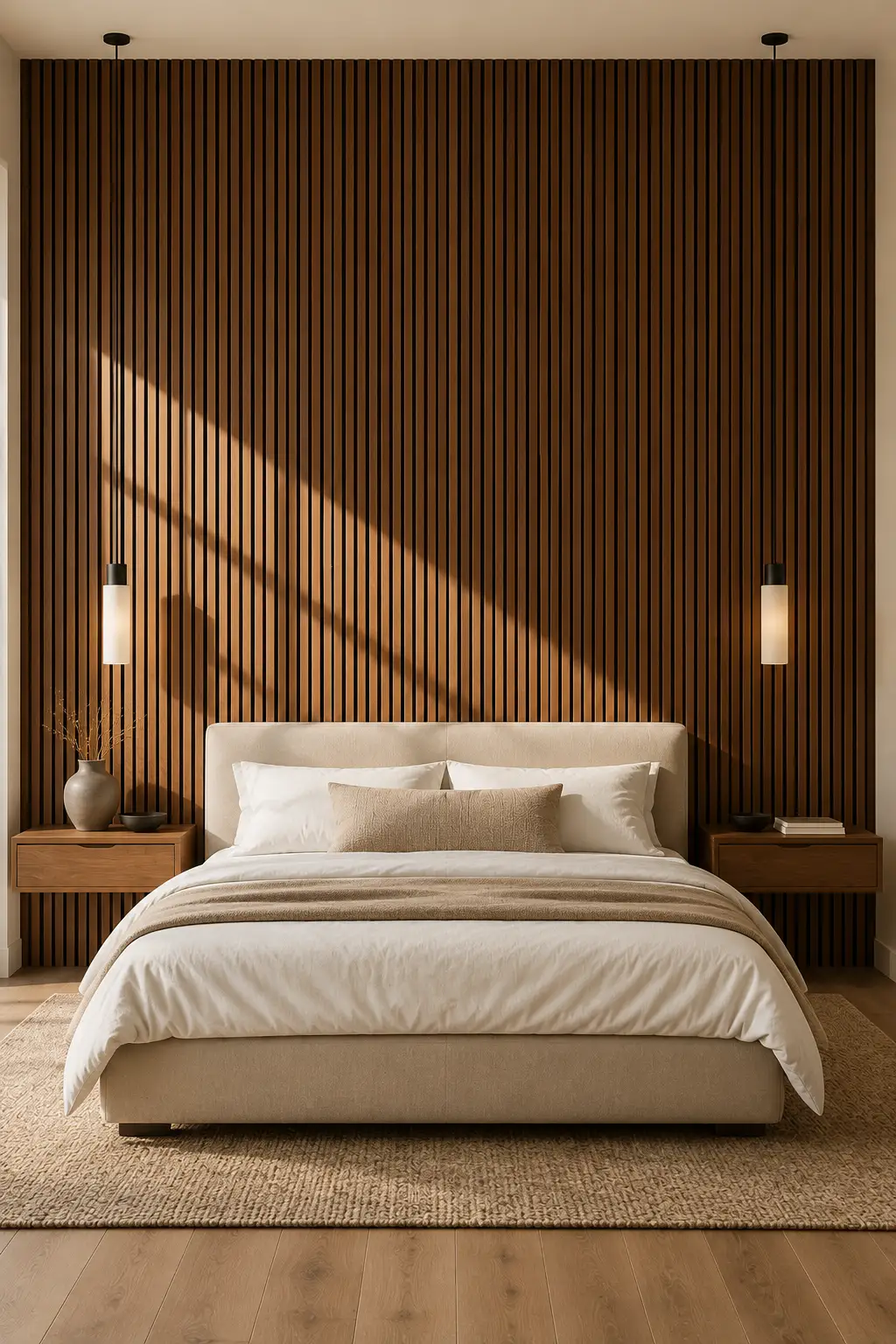 Modern bedroom featuring a dramatic floor to ceiling walnut wood slat accent wall behind a soft upholstered bed, styled with floating wooden nightstands, slim pendant lights, layered neutral bedding, and a textured beige rug in a warm minimalist interior.
