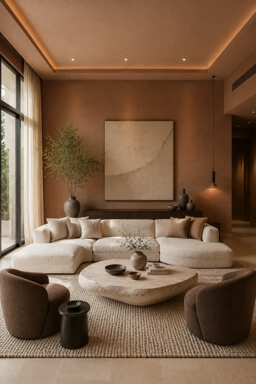 Modern organic living room with warm earthy clay painted walls, a large curved cream sectional sofa, deep taupe lounge chairs, an irregular travertine coffee table, textured neutral rug, dark wood console, minimalist artwork, and warm ambient lighting.