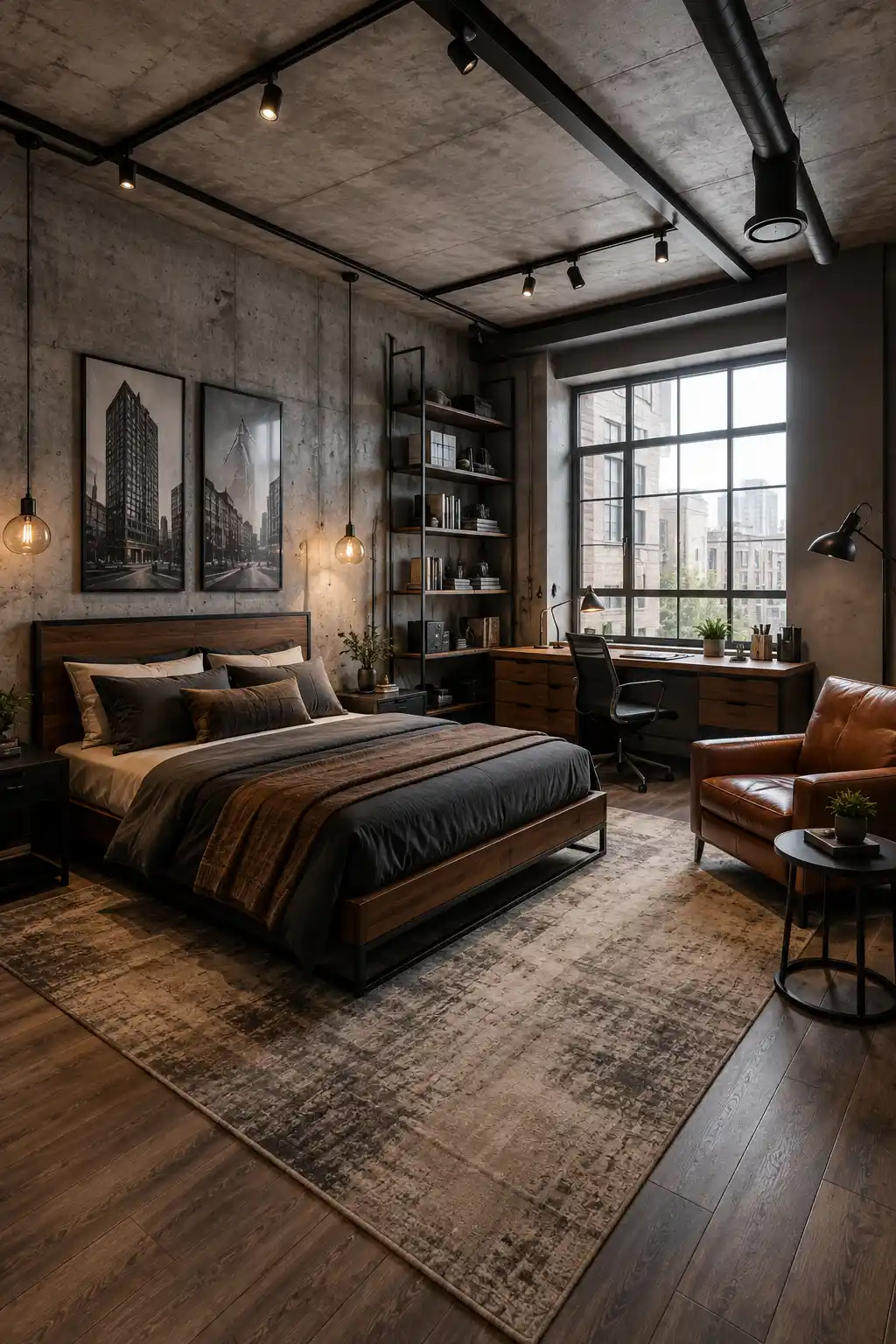 Industrial loft style boys’ bedroom featuring raw concrete walls and ceiling, black metal details, warm walnut platform bed, charcoal layered bedding, oversized architectural wall art, open shelving, window side study desk, cognac leather chair, distressed rug, and industrial track lighting.