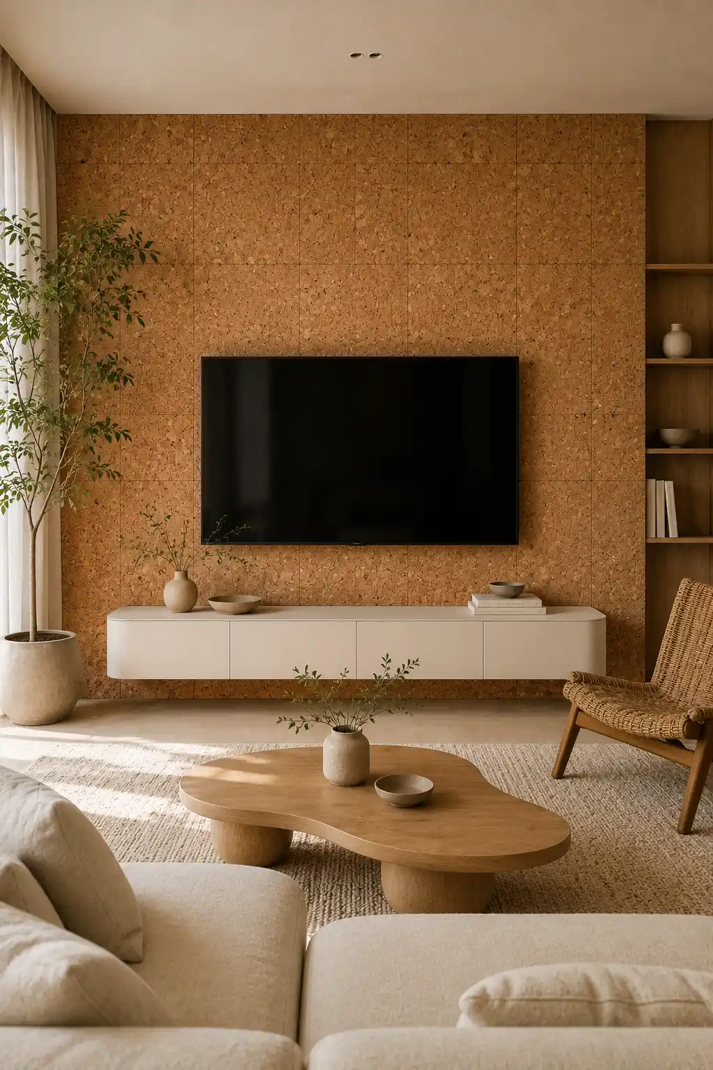 Modern cork feature TV wall featuring warm natural cork panels, a large wall mounted television, smooth cream floating media console, organic wood coffee table, woven lounge chair, neutral seating, textured rug, and indoor greenery in a warm contemporary living room.