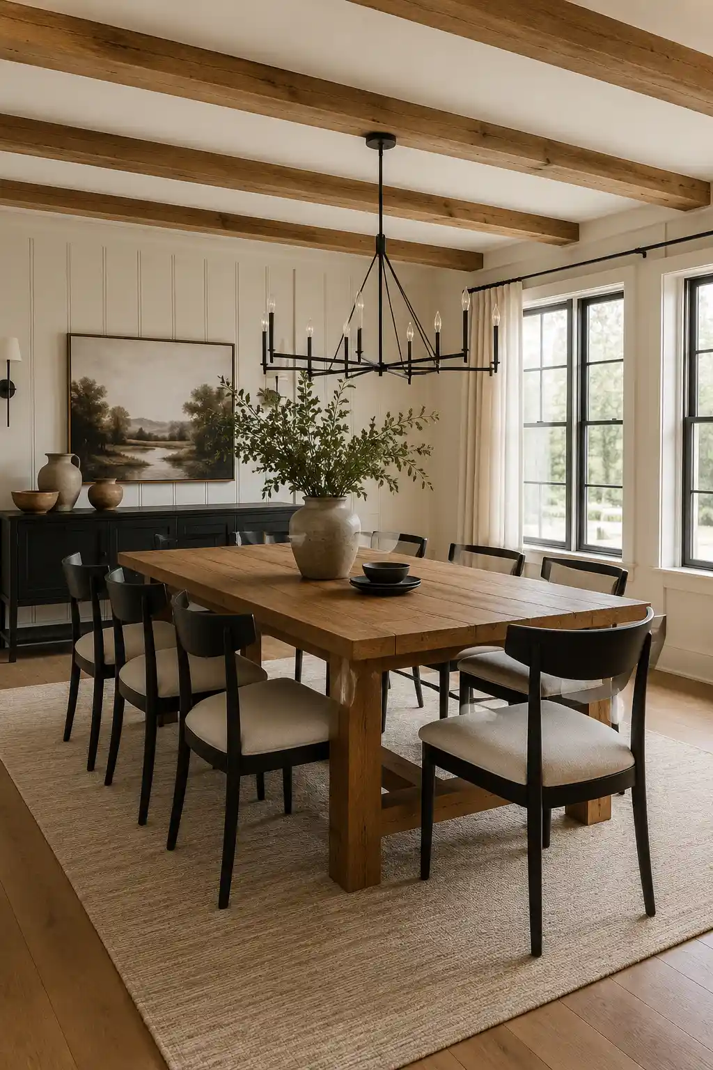 Modern farmhouse dining room featuring a large natural wood dining table, black wood chairs with light upholstered seats, exposed ceiling beams, contemporary black chandelier, white paneled walls, black framed windows, neutral textured area rug, dark sideboard, landscape artwork, and oversized ceramic decor.