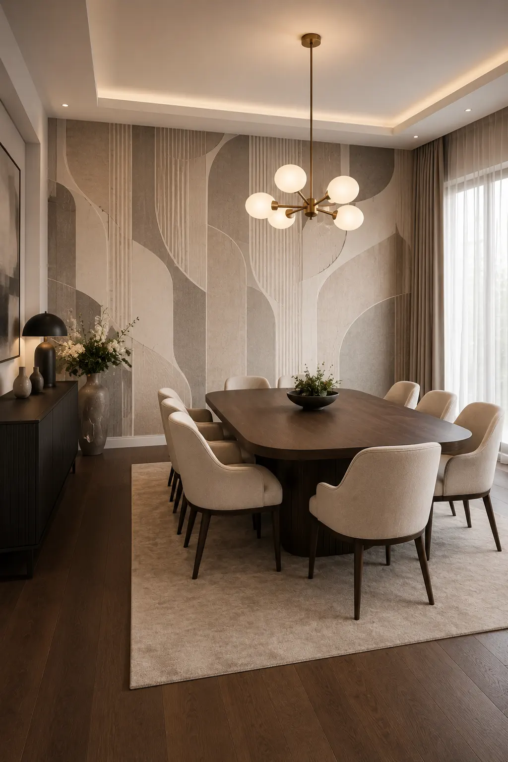 Modern dining room featuring a large scale abstract wallpaper accent wall with soft curved shapes, linear patterns, and layered beige and gray tones, paired with a dark wood table, cream upholstered chairs, and contemporary globe chandelier.